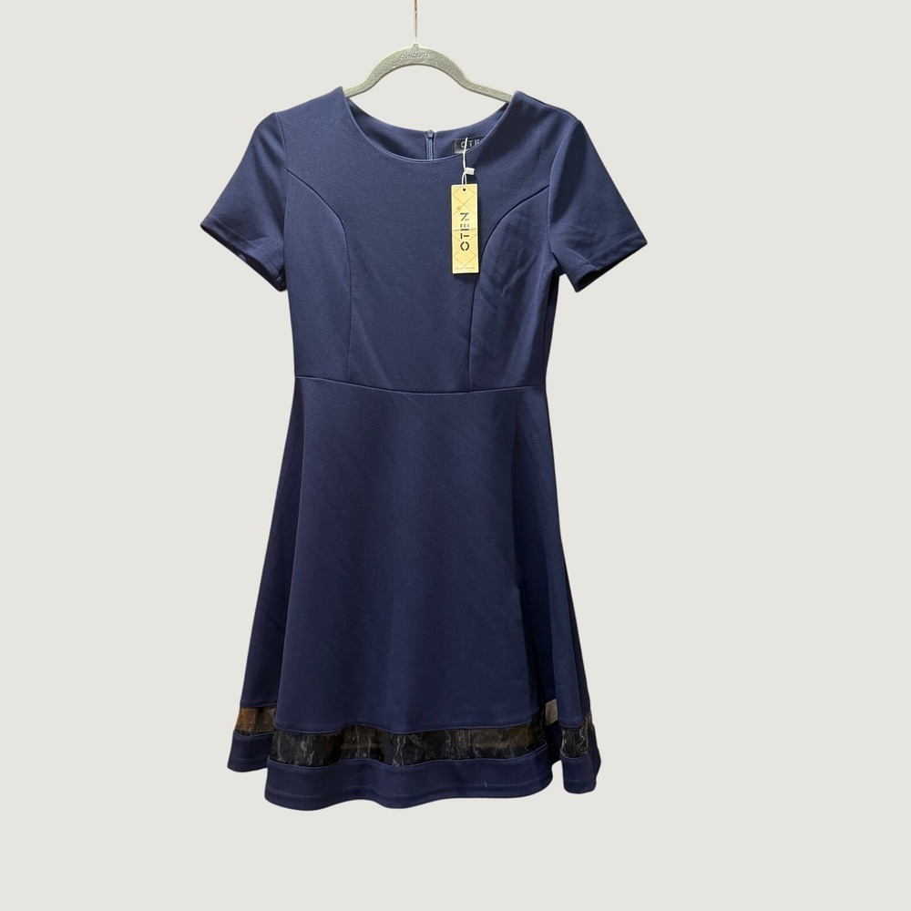 OTEN Navy Blue Lace Hem Fit and Flare Skater Dress Short Sleeve Small NWT